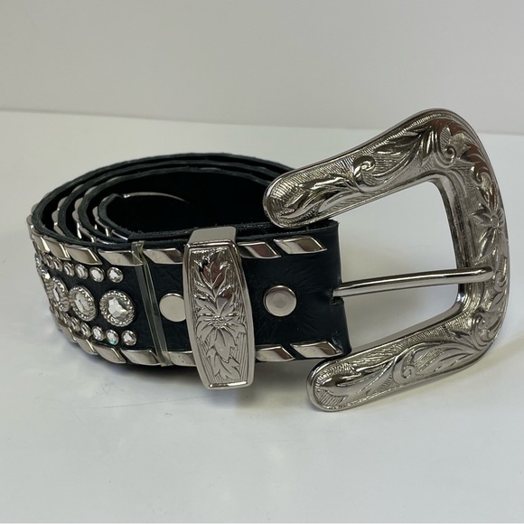 Kippys Accessories - Kippys Black Leather Silver Jeweled Belt 36"